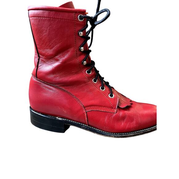 VNTG Justin Roper Women's Cherry Red Leather Fringe Lace Up Western Boots 6.5B - Picture 12 of 14